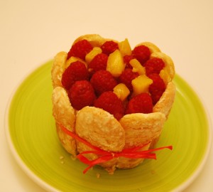 mango charlotte with raspberries