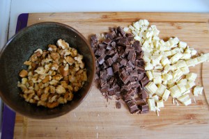 walnuts, milk and white chocolate prepared